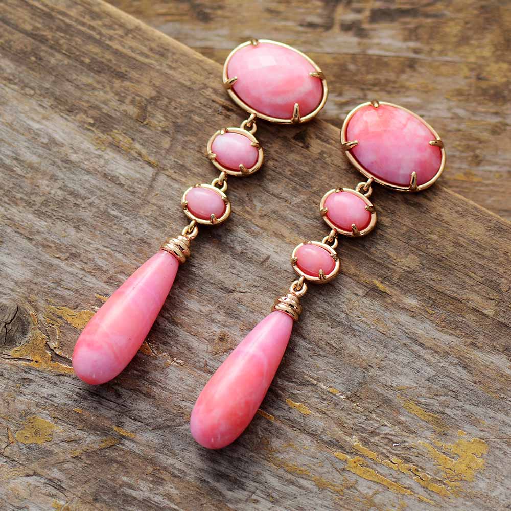 Brinco Ypudá de Pedra Natural Rosa Semipreciosa Longo Laszine Shop