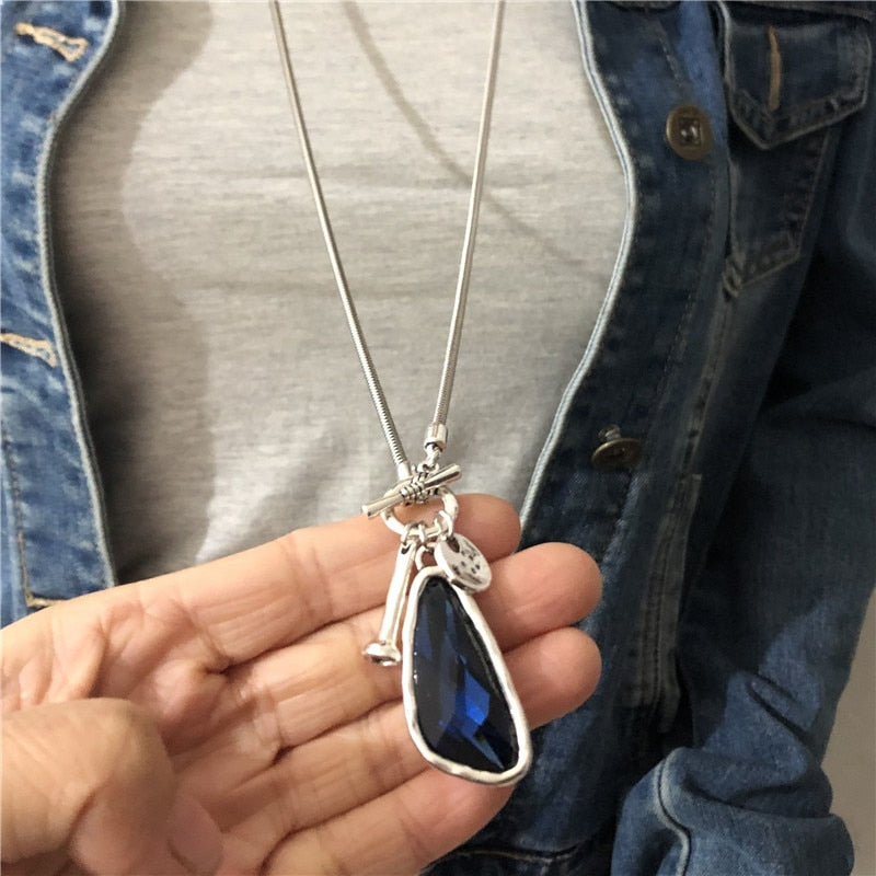 Colar Prata de Pedra Azul Cristal de Vidro Plava Laszine Shop