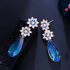 Brinco de Festa Floral Azul Com Gota de Cristal e Zircônias Laszine Shop