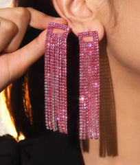 Brinco de Festa Fúcsia Pink com Franja Tassel Retangular Rhinestone