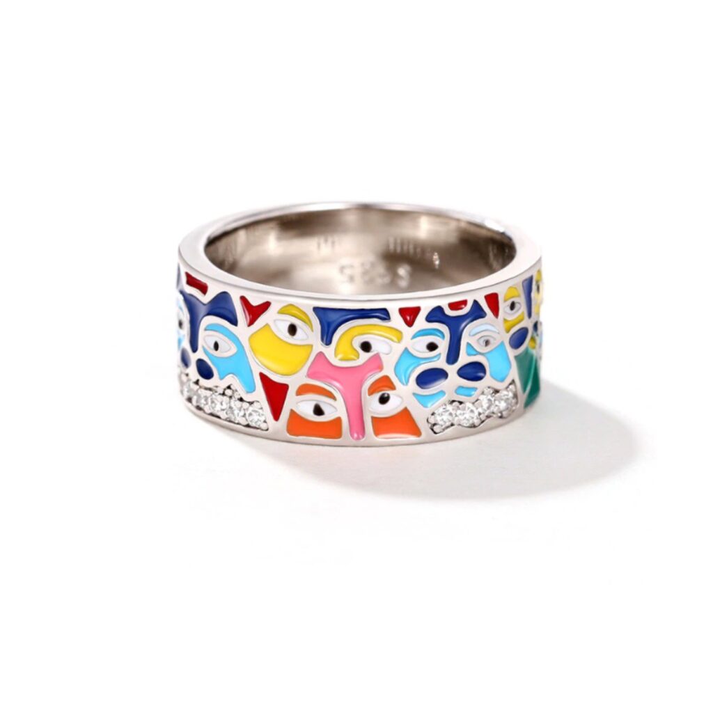 anel colorido esmaltado de gatos estampado prata