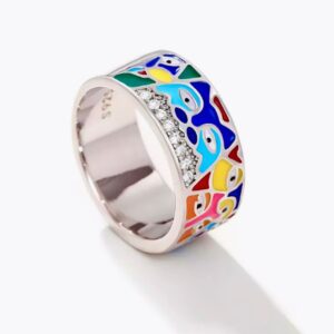 Anel Colorido Esmaltado Prata de Gatos Estampado