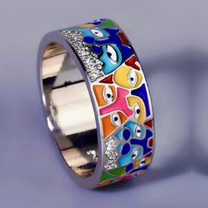 Anel Colorido Esmaltado Prata de Gatos Estampado 