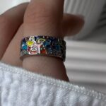 anel colorido esmaltado de gatos estampado prata dffddd