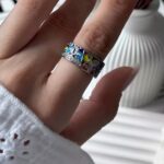 anel colorido esmaltado de gatos estampado prata dffdssdd