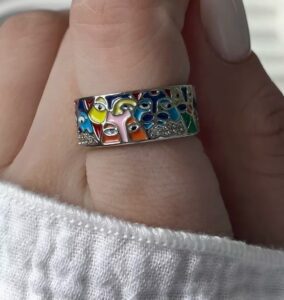 Anel Colorido Esmaltado Prata de Gatos Estampado 