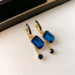 brinco azul de festa de cristal quadrado e pingente aaff