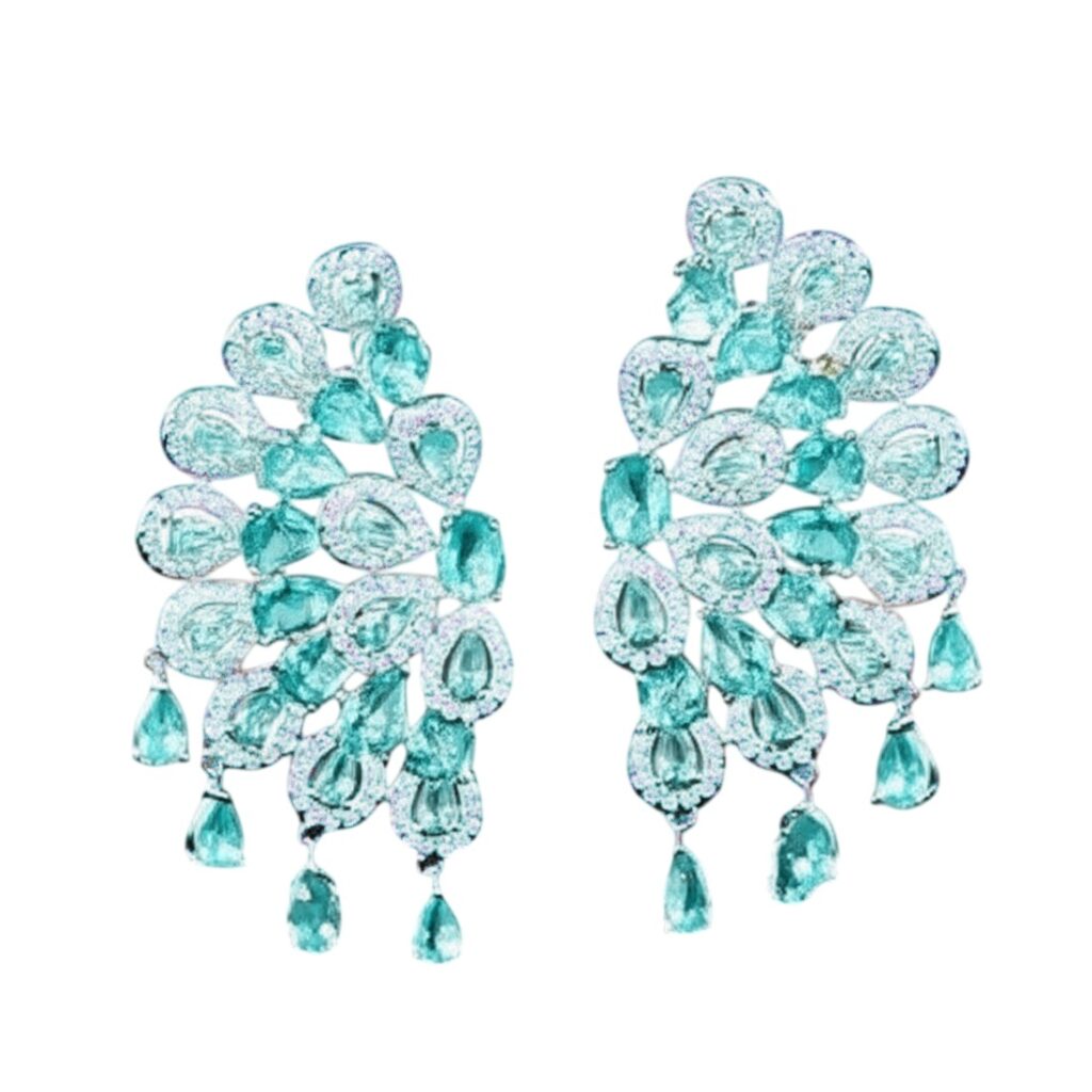 brinco turquesa e prata de festa estilo asa de zirconias elegante