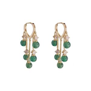 Brinco verde de festa com franja de cristais de argola