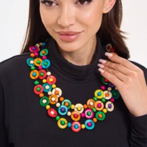 Colar Biojoia Colorido Multicamadas Cheio de Madeira Pintada