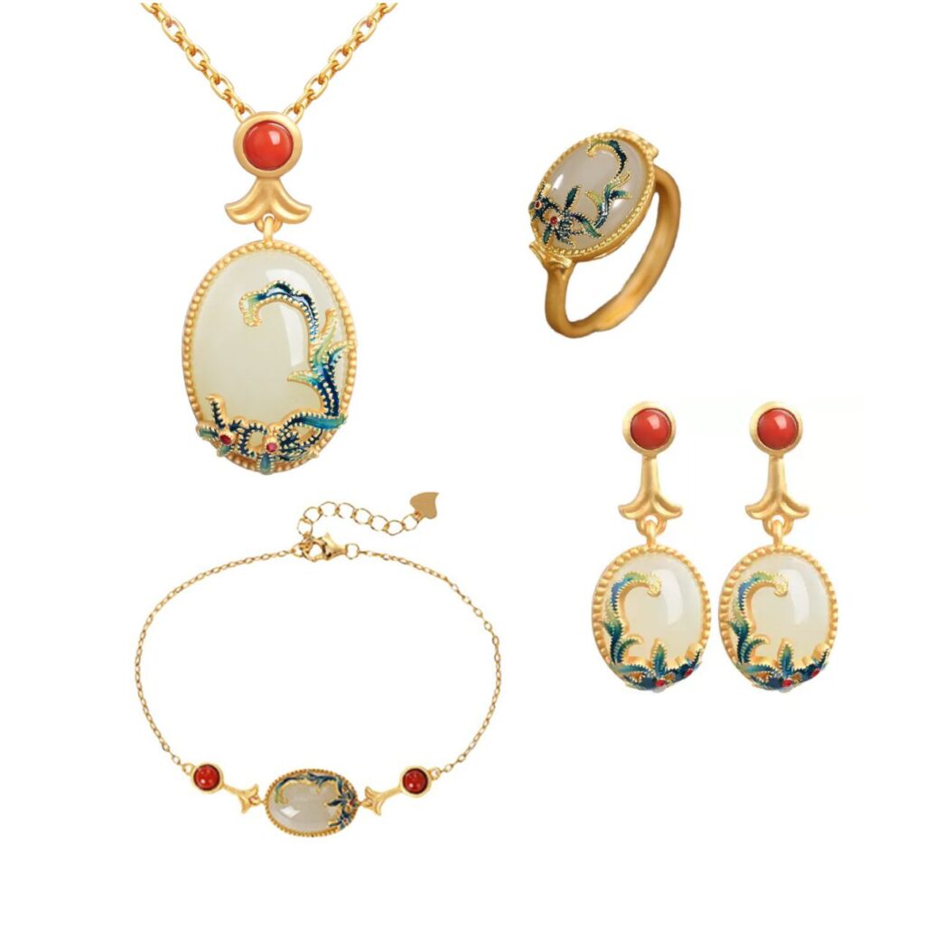 conjunto de joia verde e vermelho estilo oriental detalhe bordado no metal ddddffd