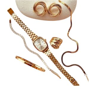 Relógio e Pulseira Dourado Conjunto Combinando