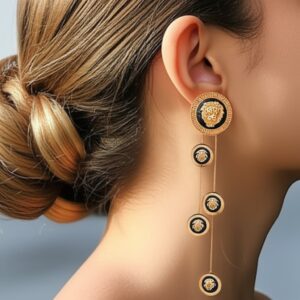 Maxi Brinco Dourado e Preto de Moedas Cabeças de Leão