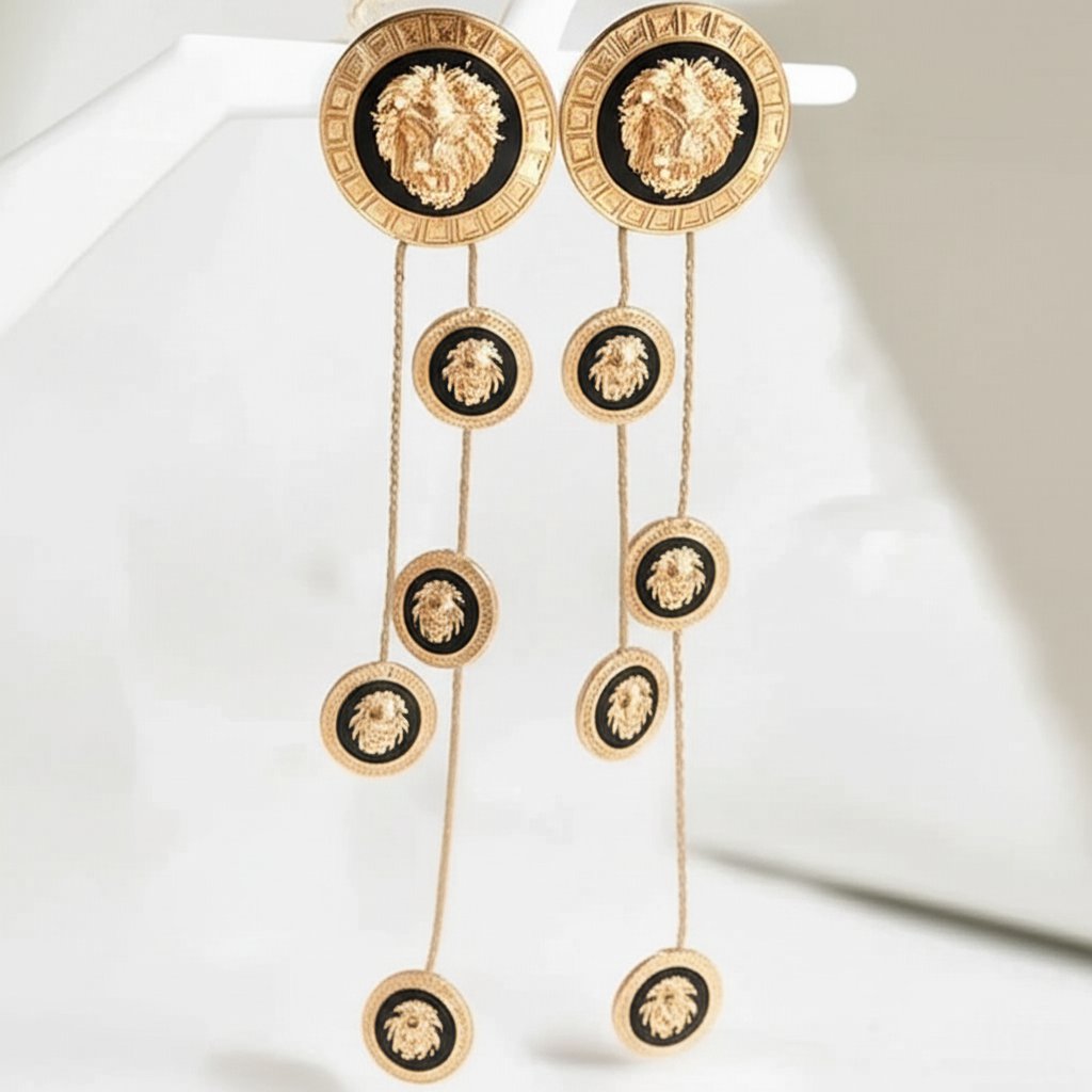 maxi brinco dourado e preto de moedas de leão ff