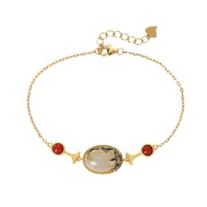 Conjunto de joia verde e vermelho estilo oriental detalhe bordado no metal