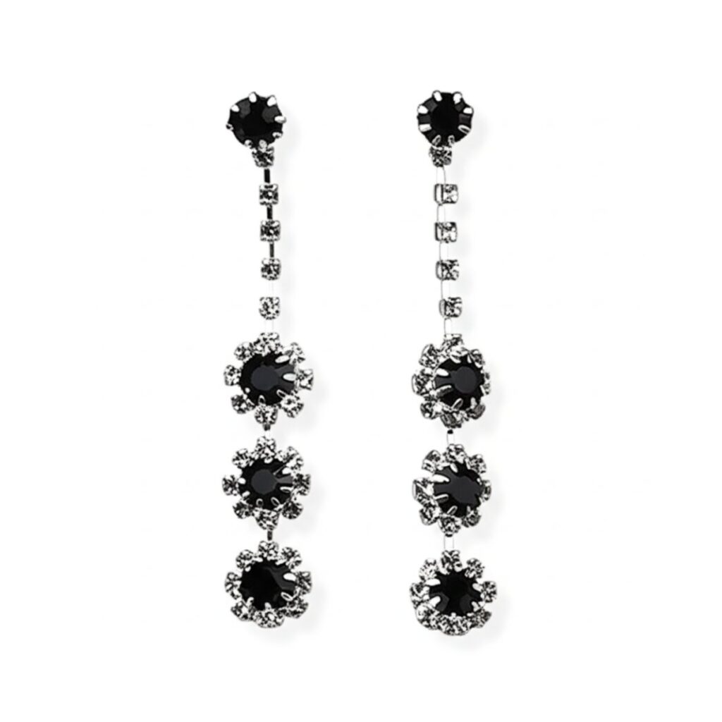 Brinco preto e prata longo de festa elegante minimalista ffdddddd