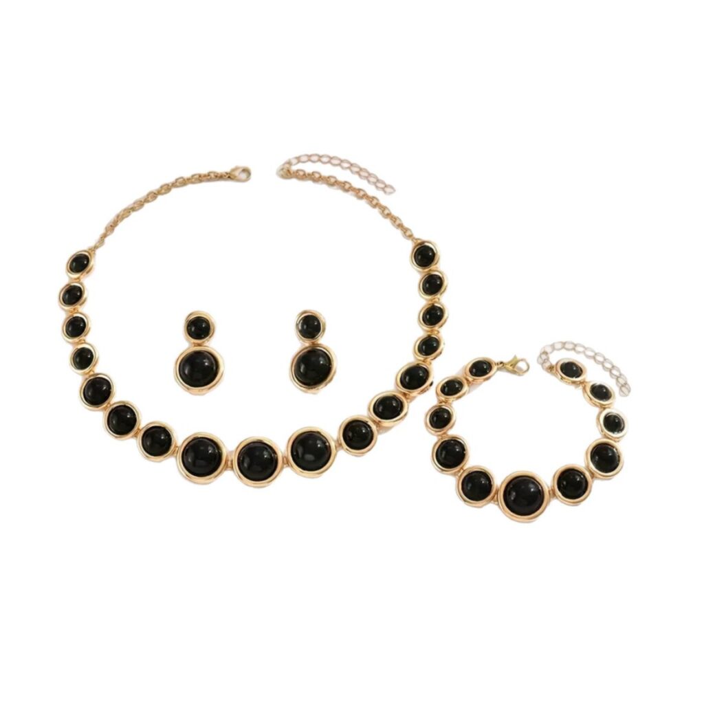 Conjunto Colar e Brinco Preto Elegante Pedras Redondase5)