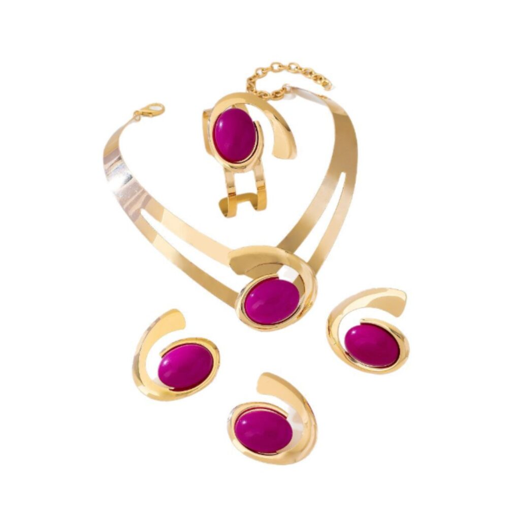 Conjunto de Joia com Pedra Fucsia