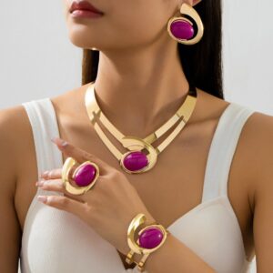 Conjunto de Joia com Pedra Fúcsia