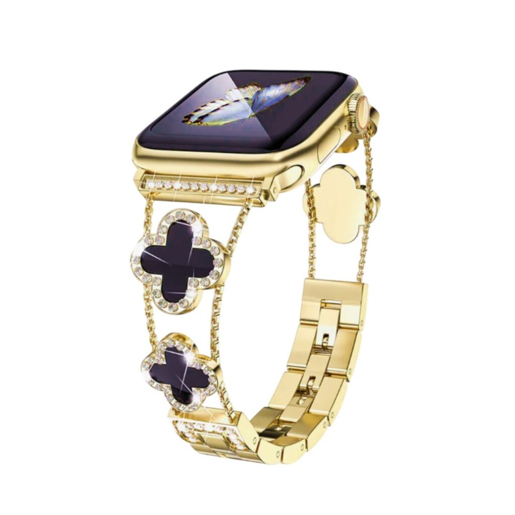 Pulseira para Apple Watch de trevo preto cravejada de cristais