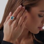 anel azul ajustavel prata grande quadrado com detalhe dourado f