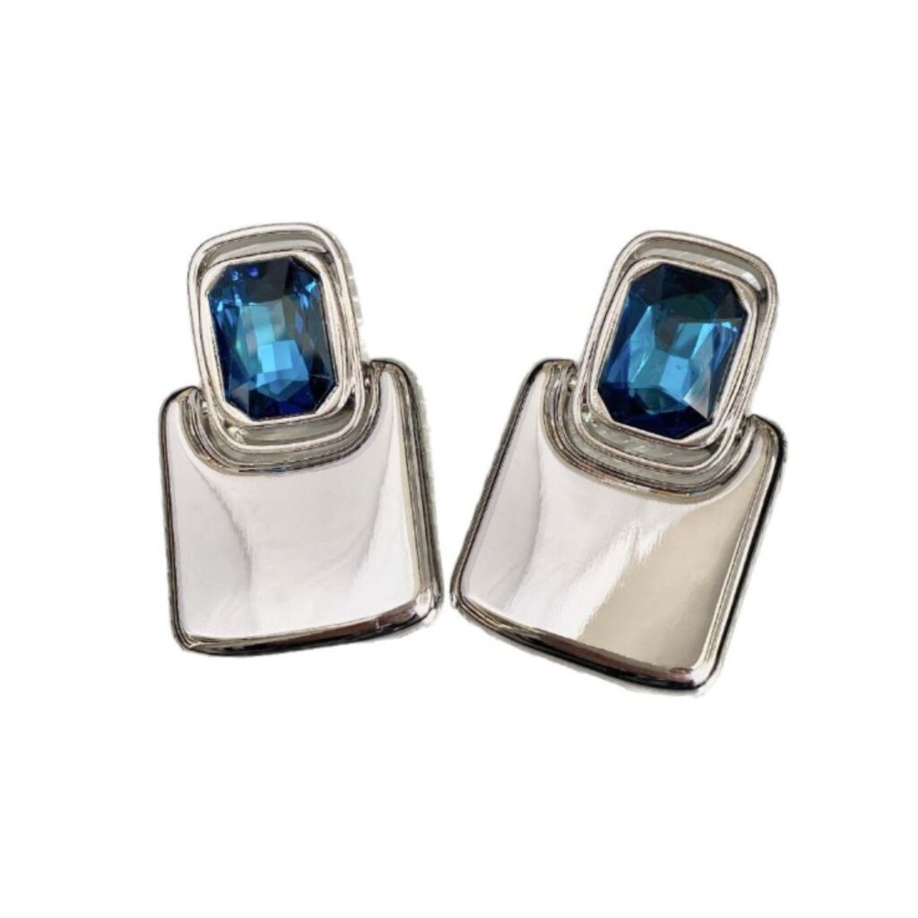 brinco de pressao azul e prata grande moderno de metal maxi brinco