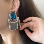 brinco de pressao azul e prata grande moderno de metal maxi brinco tt