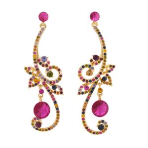 Brinco fúcsia e verde de festa longo arabesco