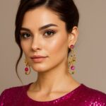 brinco fucsia e verde de festa longo arabesco ffhh