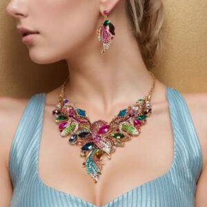 Brinco fúcsia e verde grande de festa com cristais e folha cravejada