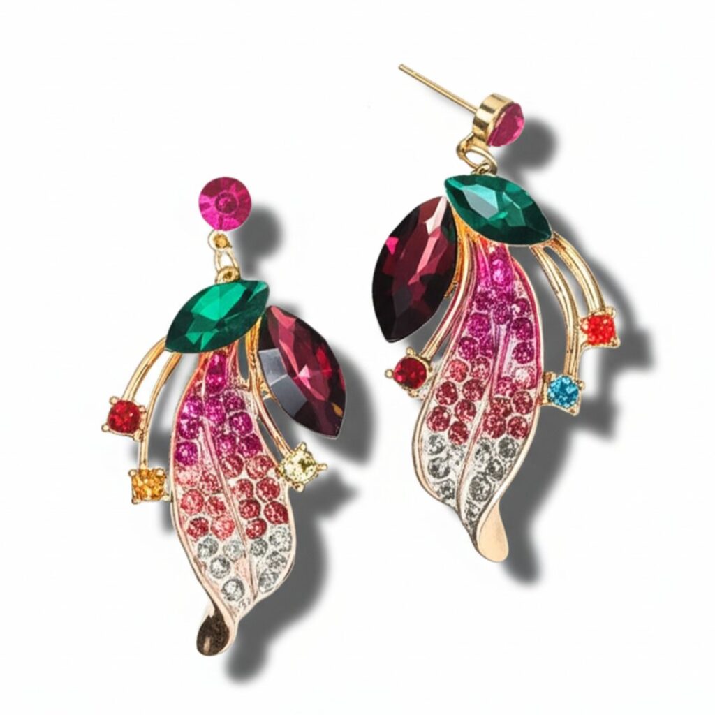 brinco fucsia e verde grande de festa com cristais e folha cravejada colar 43gtut j