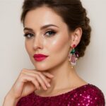 brinco fucsia e verde grande de festa com cristais e folha cravejada colar uuugtut j