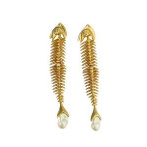 Maxi Brinco Dourado Moderno Longo Com Pérola de Espinha de Peixe