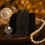 maxi brinco preto de festa franja longa tassel ad