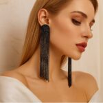 maxi brinco preto de festa franja longa tassel d