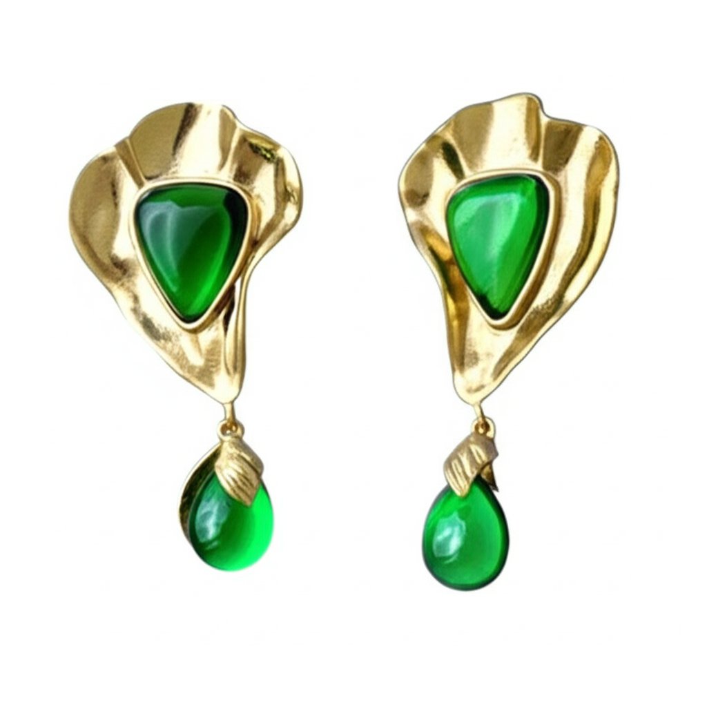 maxi brinco verde esmeralda de pedra moderno com metal dourado