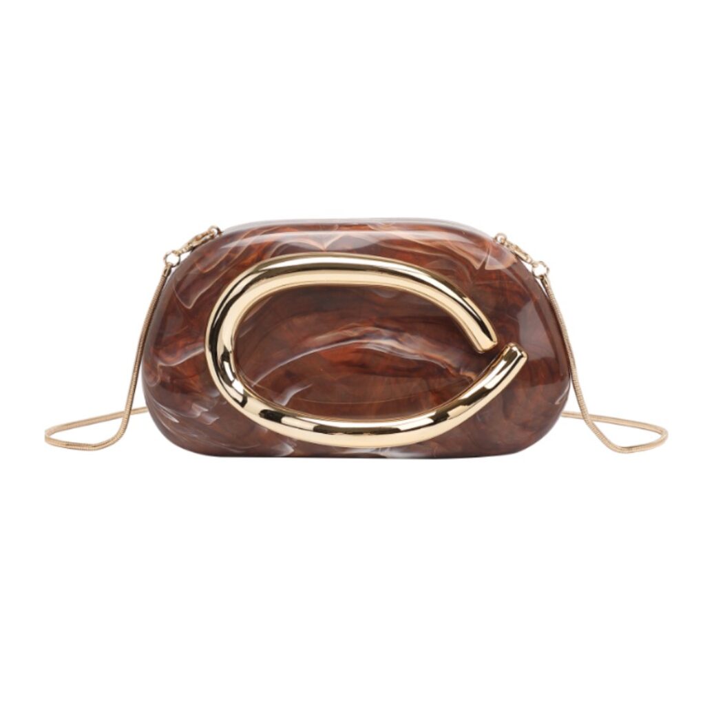 Bolsa clutch marrom e doruado de festa marmore mesclado de acrilico t