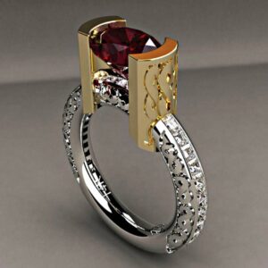 Anel marsala de festa prata e dourado extravagante estiloso pedra rubi