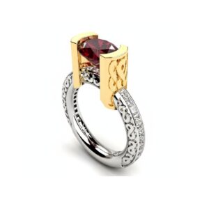 Anel marsala de festa prata e dourado extravagante estiloso pedra rubi