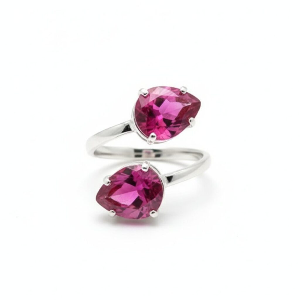 anel pedra pink e prata de zirconia fd