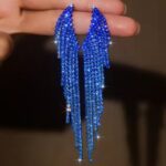 brinco azul de festa franja de cristal de asa f