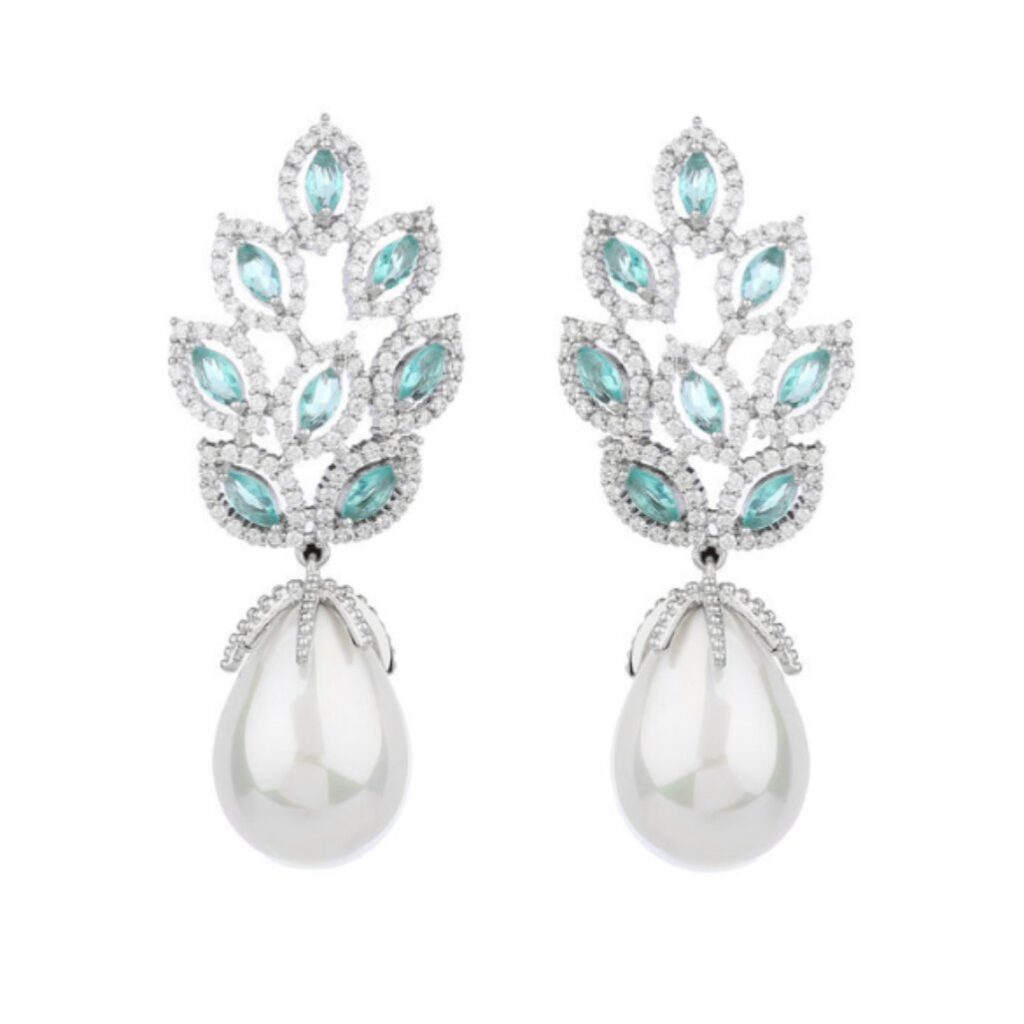 brinco azul tiffany de festa prata com perola