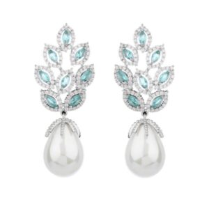 Brinco azul tiffany de festa prata com pérola