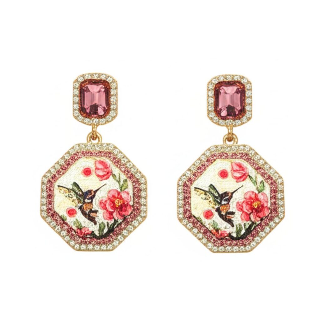 brinco beija flor e rosa estampado com pedra fúcsia vintage