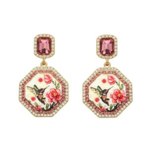 Brinco beija-flor e rosa estampado com pedra fúcsia vintage