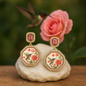 Brinco beija-flor e rosa estampado com pedra fúcsia vintage