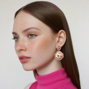 Brinco beija-flor e rosa estampado com pedra fúcsia vintage