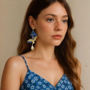 brinco de pressão azul e dourado grande oriental de passaro 4d