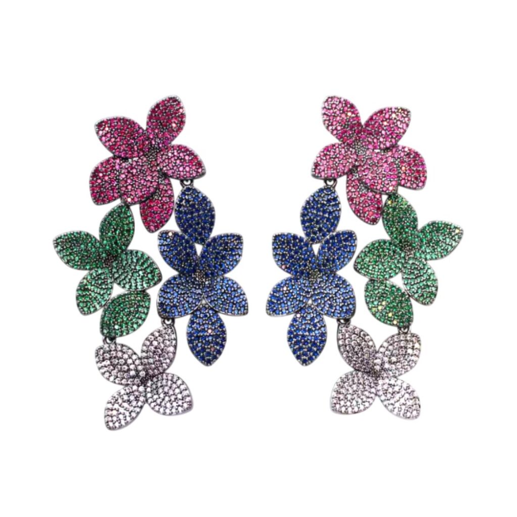 brinco fucsia de festa grande de folhas cravejadas de zirconias verde e azul