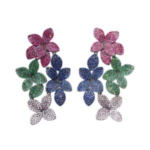 Brinco fúcsia de festa grande de folhas cravejadas de zircônias verde e azul